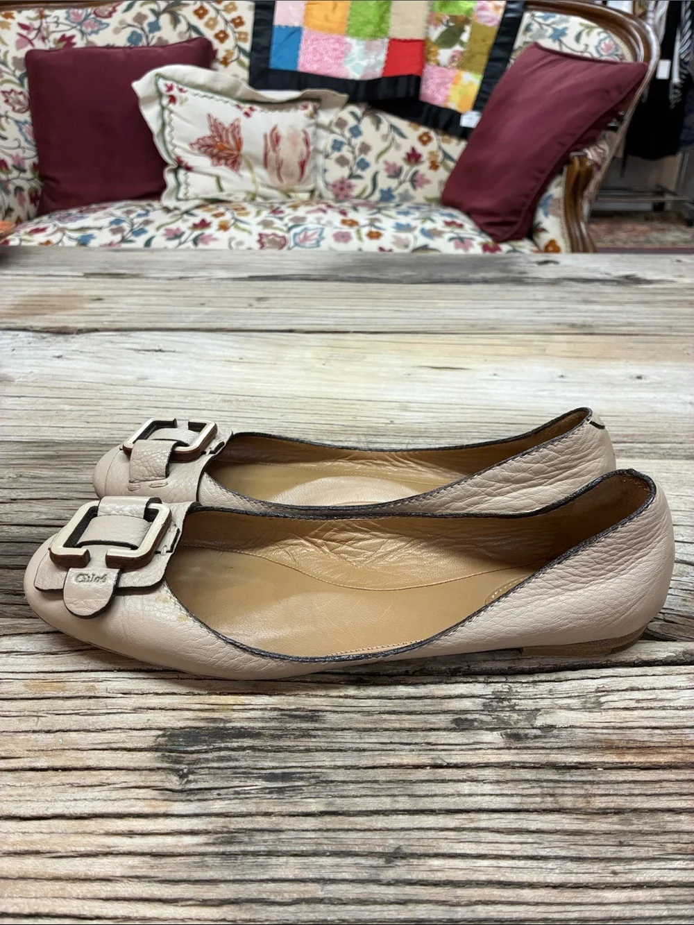 Chloe Beige Leather Buckle Ballet Flats Size 37.5 US 7.5